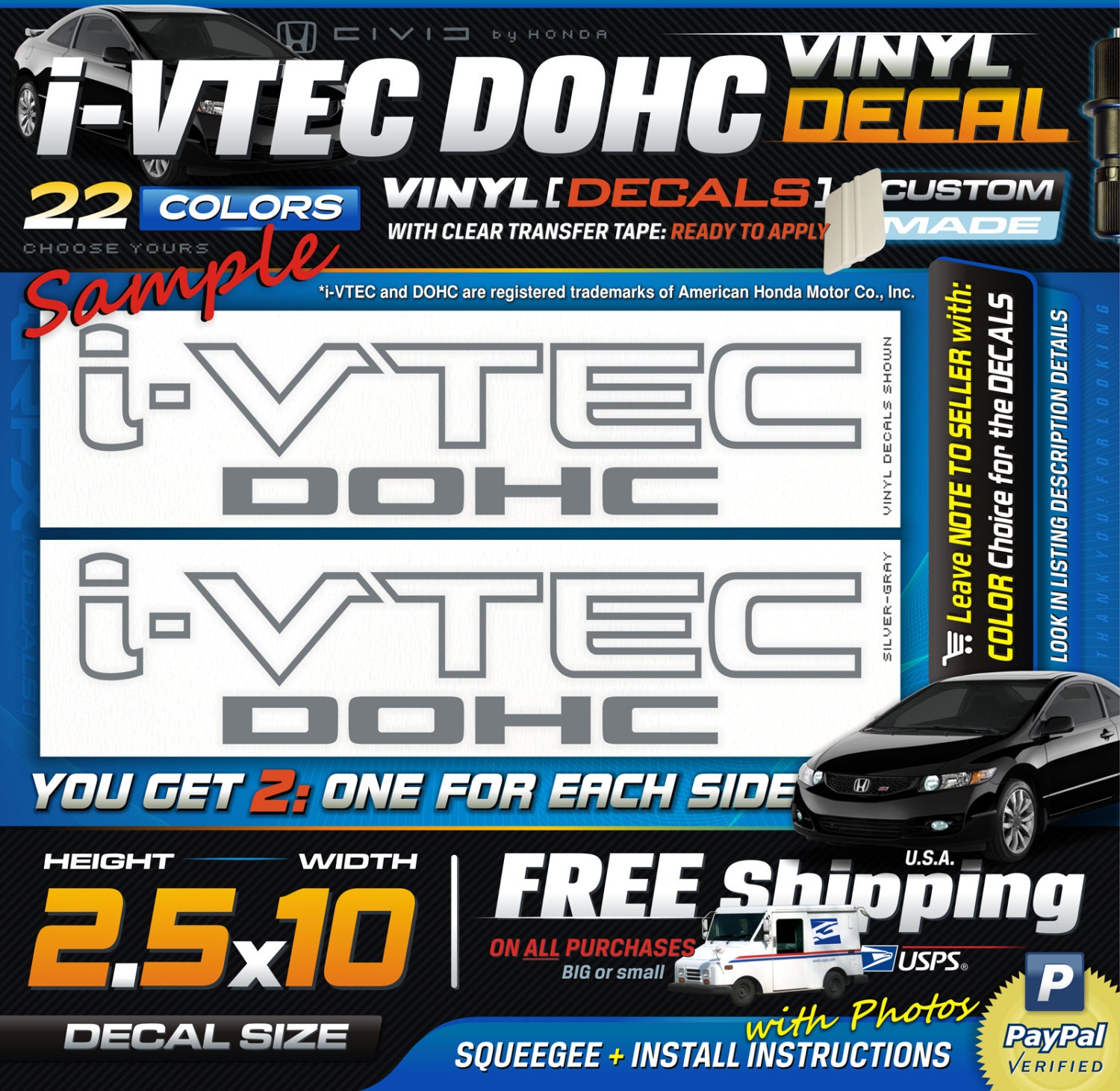 2.5x10 (2) i-VTEC DOHC Honda Civic Vinyl Decal 1 Color
