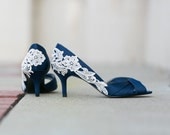 Wedding Shoes - Navy Blue Wedding Shoes/Bridal Shoes with Ivory Lace. US Size 6.5