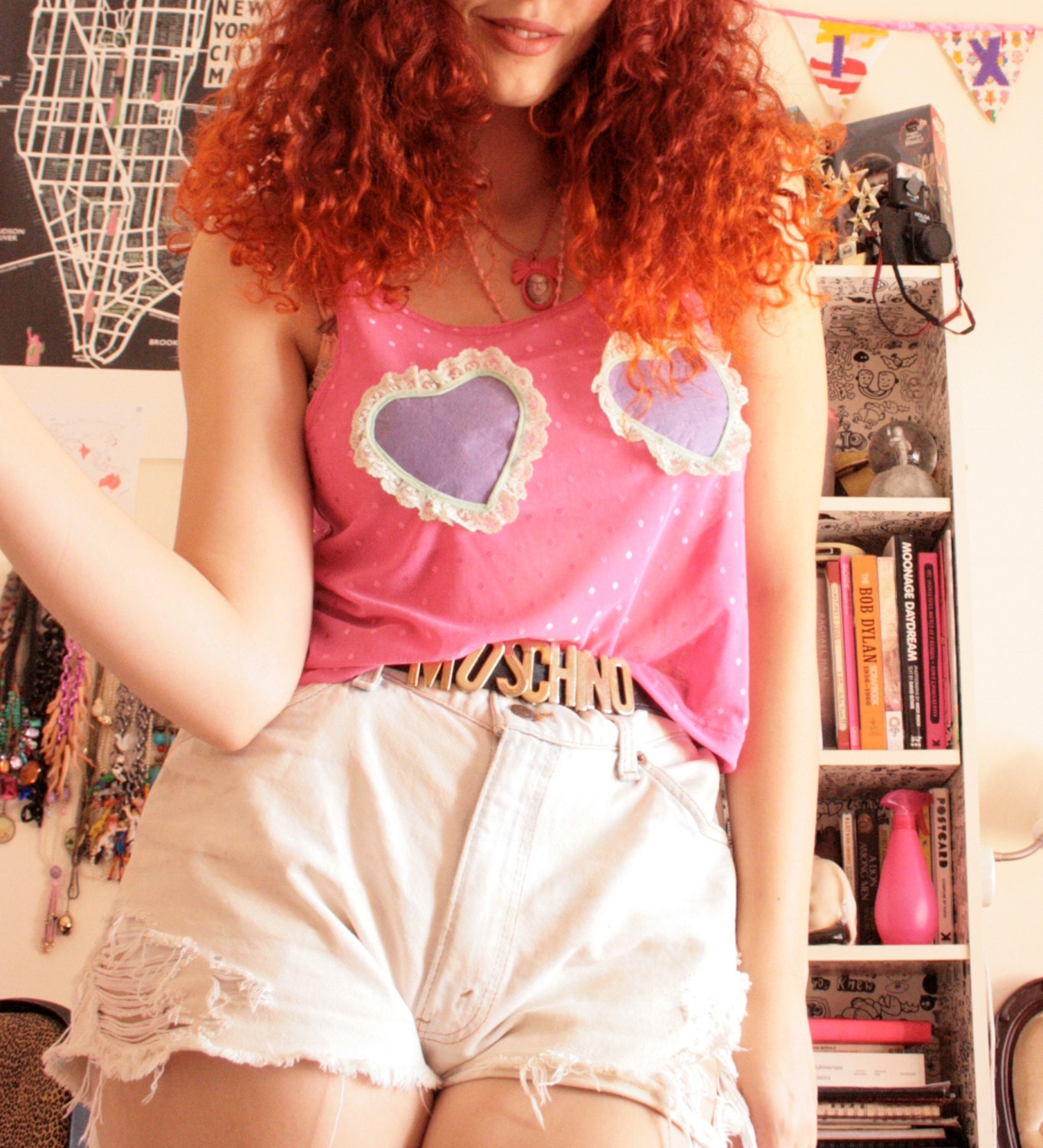 Pink with Purple lac-trim Twin hearts top - PIXIE and PIXIER