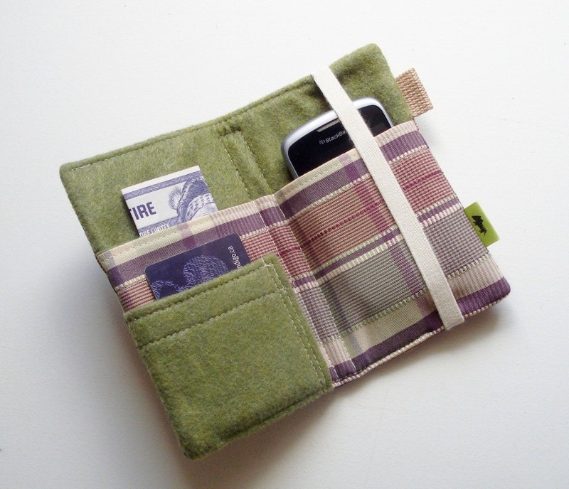 Lavender and apple green iPhone wallet, plaid iPhone case, ipod case, iphone 5, iphone 4, cell phone wallet, purple and green, eggplant mp3