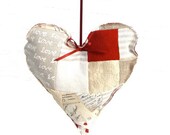 Heart Personalised Patchwork Lavender Pillow, Wedding Bridesmaid Gift, Rustic Linen, Cream Beige Red Hanging Heart, Love Message