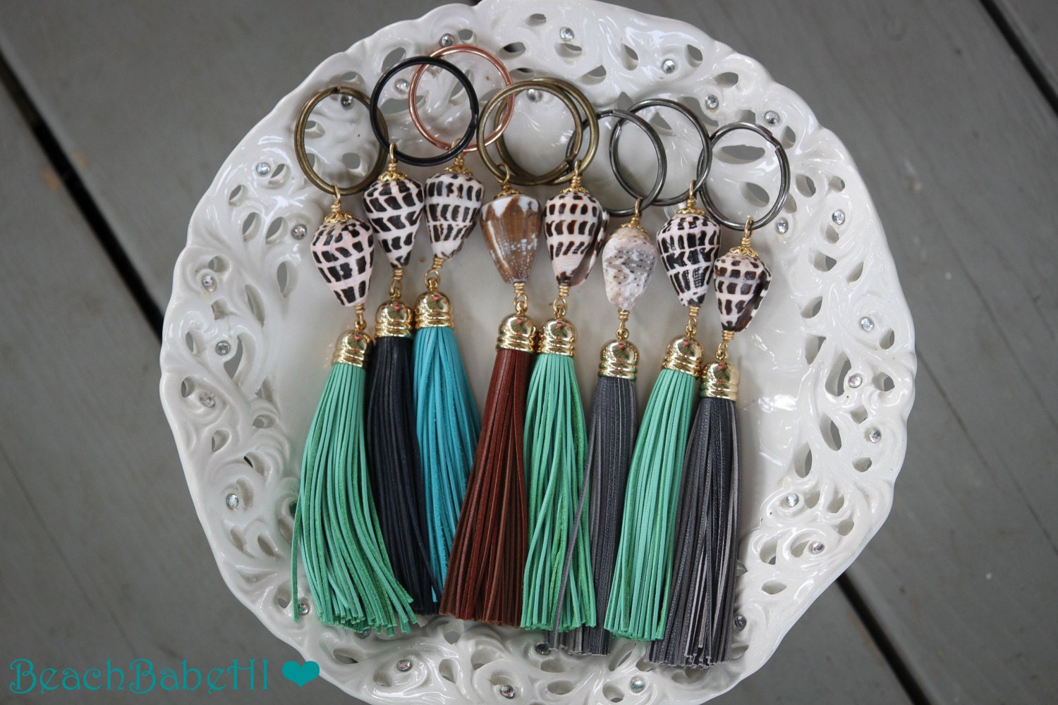 Cone Shell Keychain with Leather Tassel