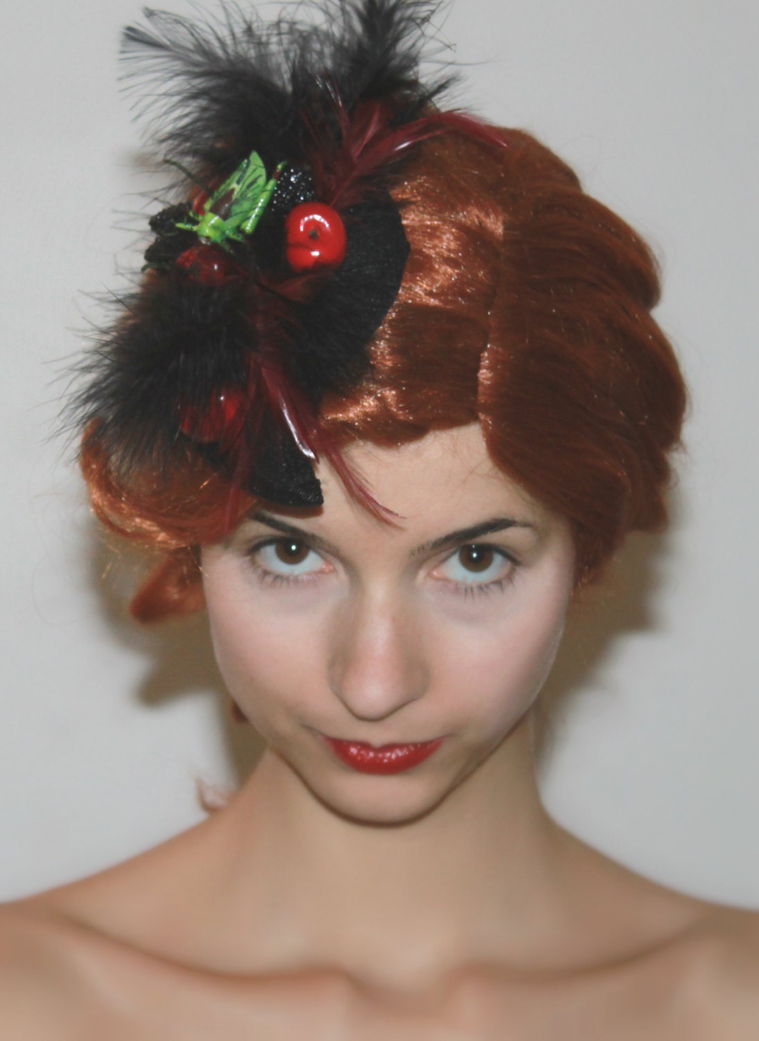 Black and Red Feathered Fascinator - 'Grasshopper in my Cherry'