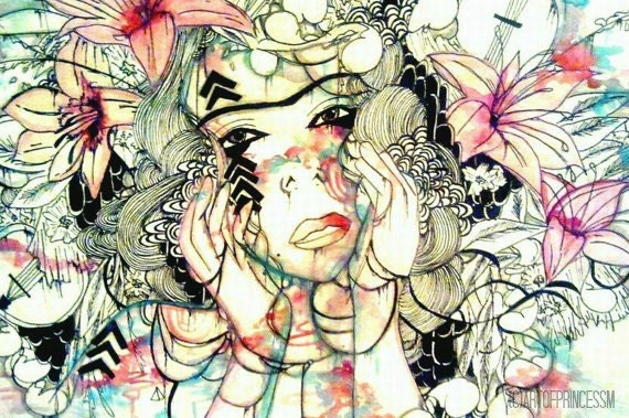 8x12 inch girl portrait illustration with flowers art print, art reproduction, colorful zen abstract watercolor portrait art print.