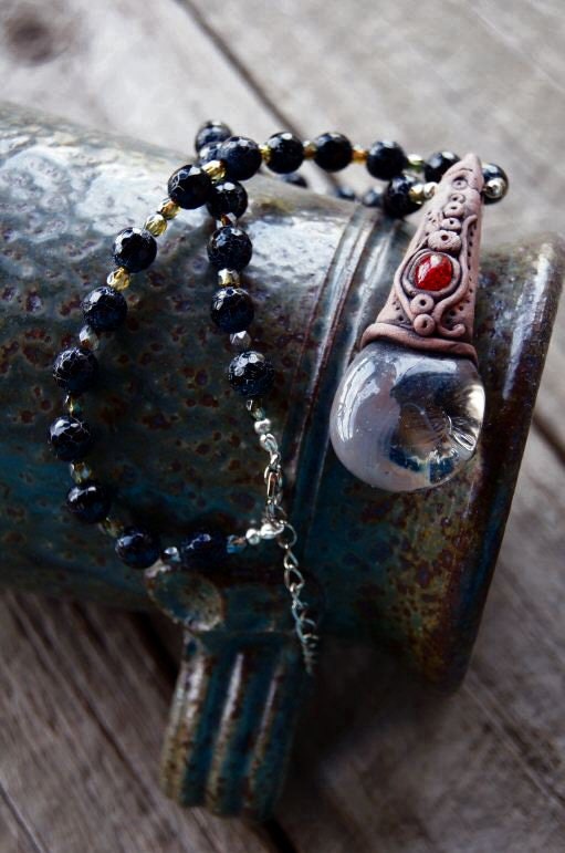 High Priestess Amulet Beaded Necklace - Glass, Fire Agate and Clay