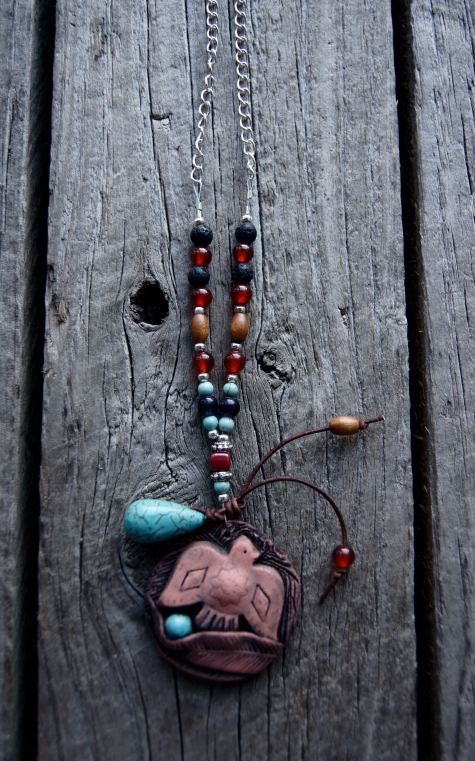 Thunderbird Beaded and Chain Necklace with turquoise, carnelian, lava rock and howlite.