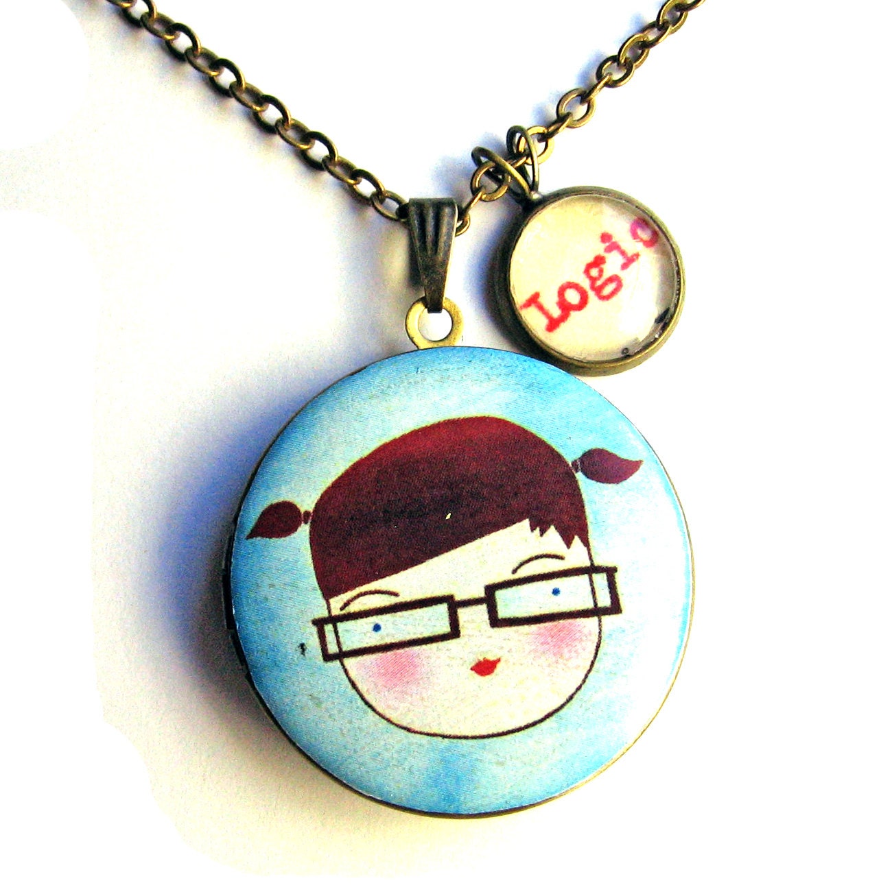 Nerdy Girl Glasses Locket Logic Word Pendant Brass Setting Library Card Necklace One of a Kind