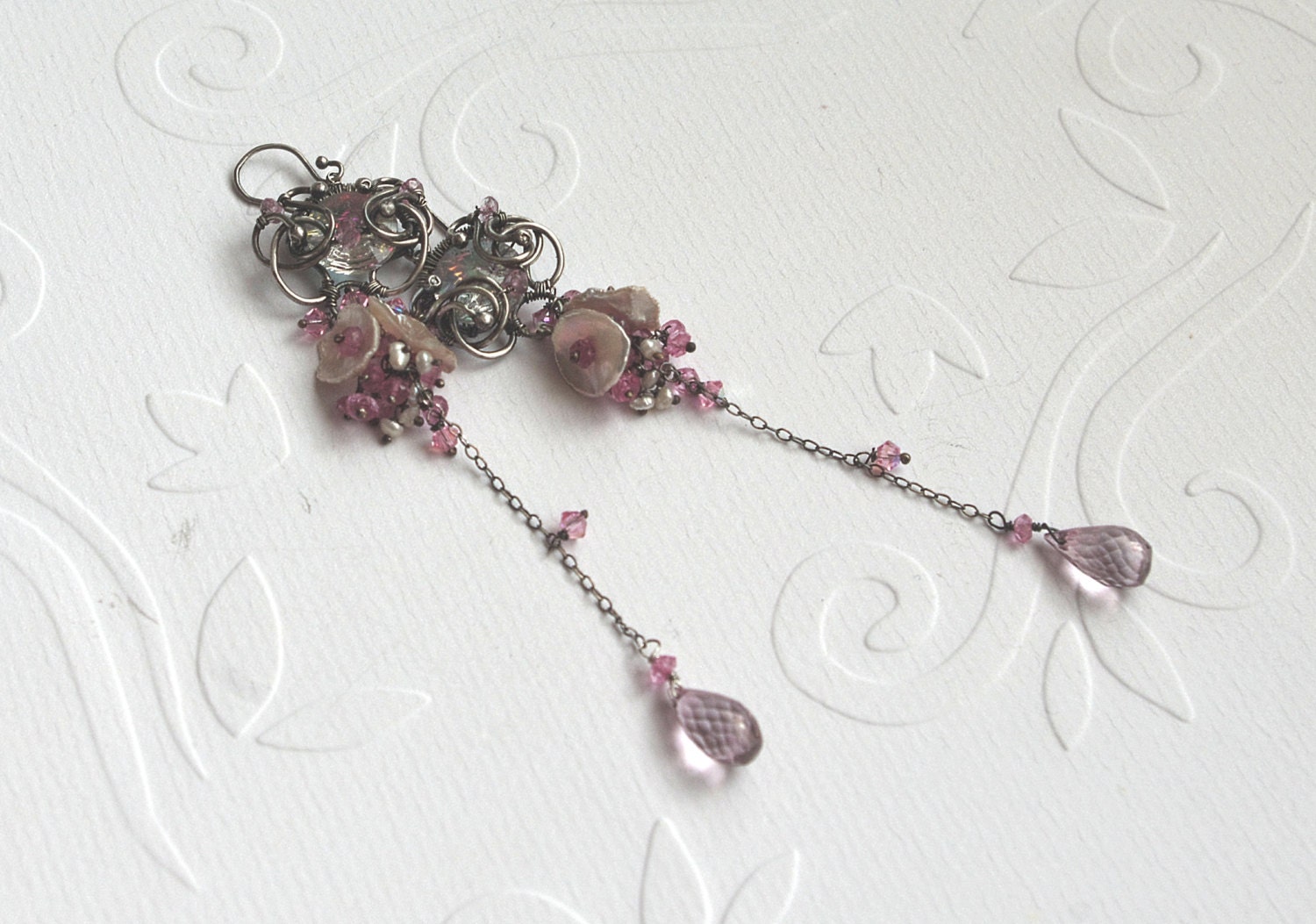 Sterling Silver Chain Chandelier Earrings Wire Wrapped Swarovski Crystal Pink Quartz OOAK Jewelry
