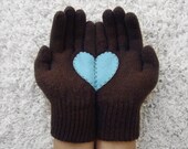 Heart Gloves, Dark Brown Gloves with Blue Felt Heart