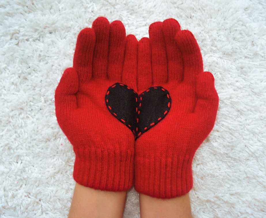Heart Gloves, Red with Black Felt Heart
