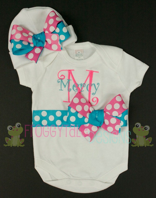 COMING HOME PeRsOnALiZeD Bodysuit Onesie and Bow Beanie Outfit in Hot Pink and Turquoise for Little Baby Girls - MONOGRAMMED Custom