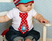 Baby boy tie onesie/bodysuit and crochet hat set, cat and the hat, Dr. Seuss, photo prop, first birthday outfit
