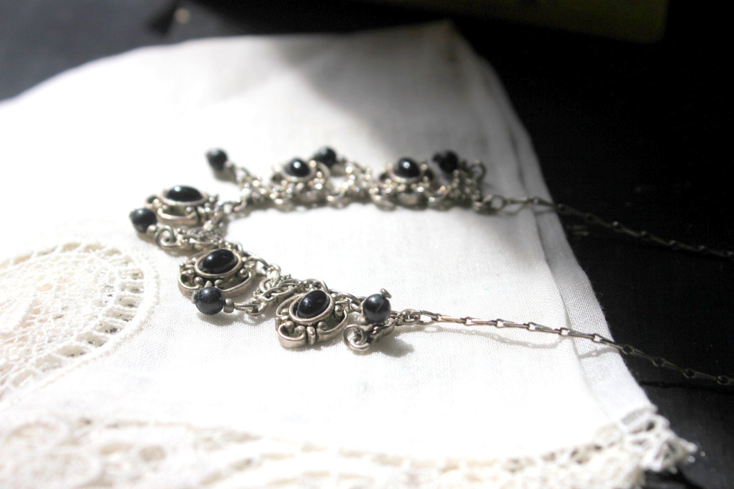 Vintage Victorian Style Necklace Black Stone and Beaded Necklace