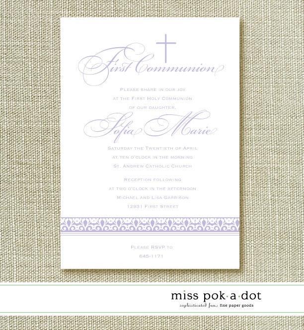 custom printed First Communion or Baptism invitation : lavender cross