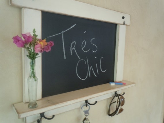 EXPEDITED-Rustic Chalk Board in White Wash Distressed and Antiqued with Shelf and Hooks-MADE to ORDER