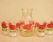 Mid Century Anchor Hocking Red Roses Serving Set Retro Pitcher and 4 Glasses 1950s