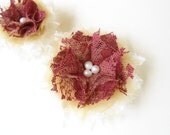 Lace Fabric Flower Hair Clips Floral Hair Accessories Wine Red Off White Lace Honey Gold Tulle with Pearls for Bridesmaids, Women, Gifts