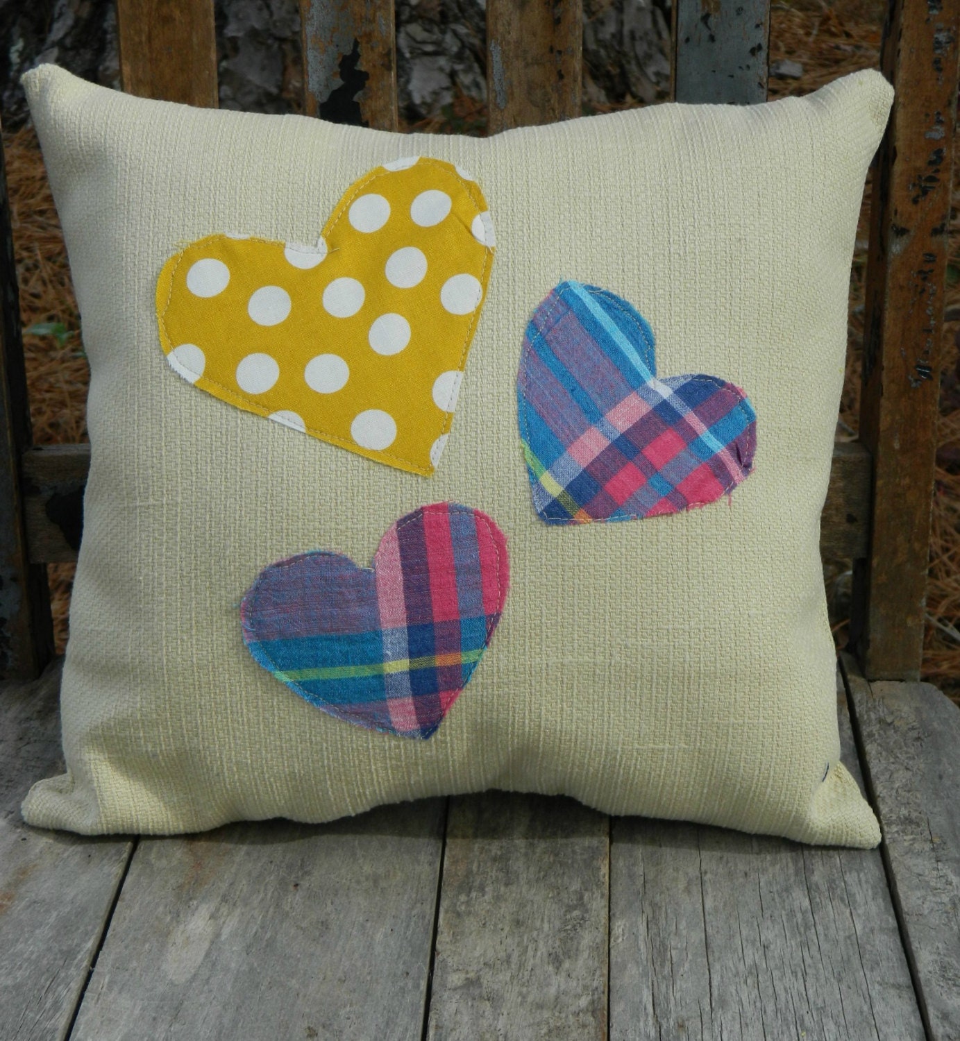 Happy Heart Triple Heart Pink, Blue, and Yellow on Tan Fabric Pillow