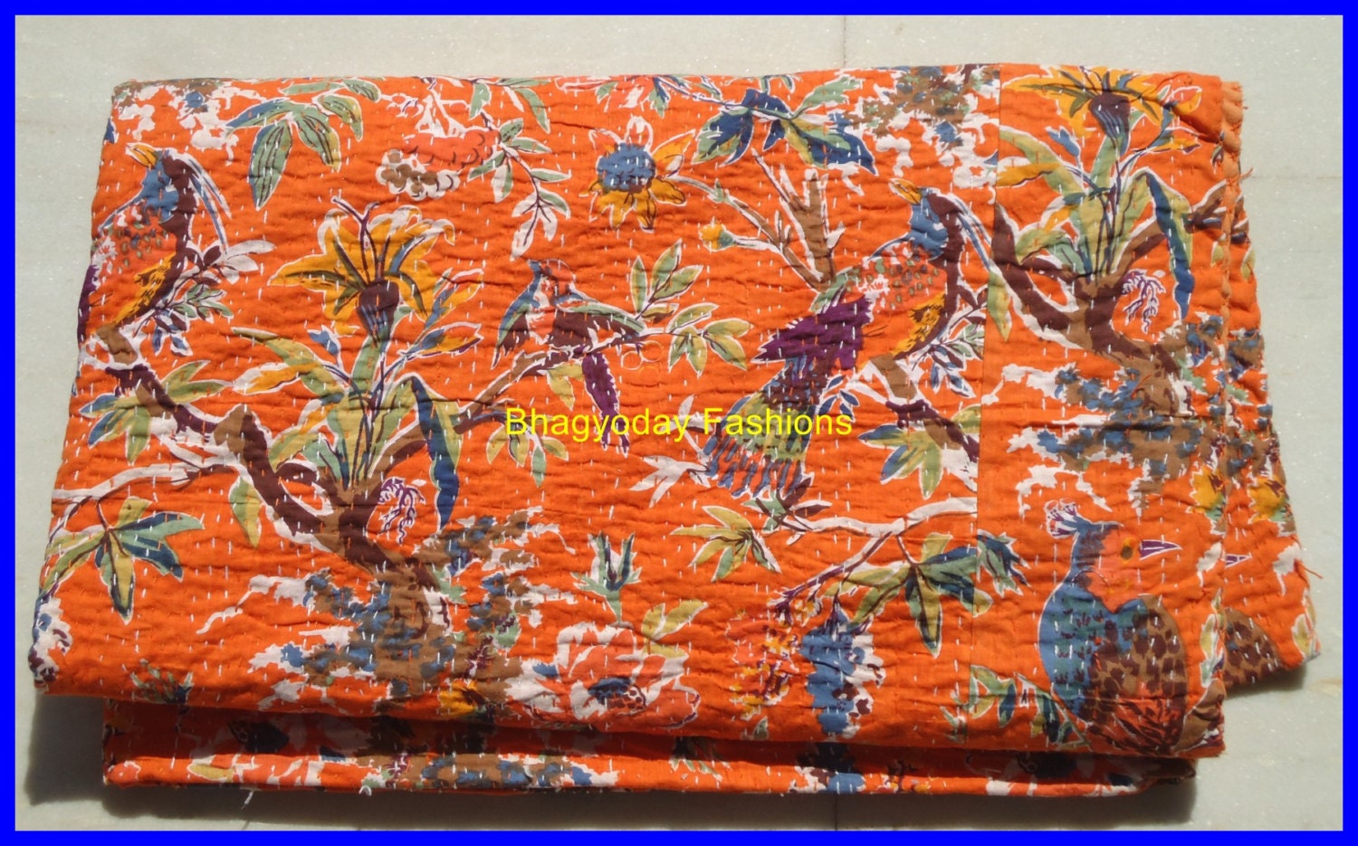 Floral birds quilt, Tropical Kantha quilt cover, fully handmade100% Organic cotton king Bed Cover or kantha Blanket bedding
