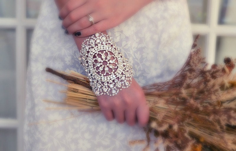 Rhinestone statement Wedding Bracelet, Silver or Gold sparkling Crystal, lace design