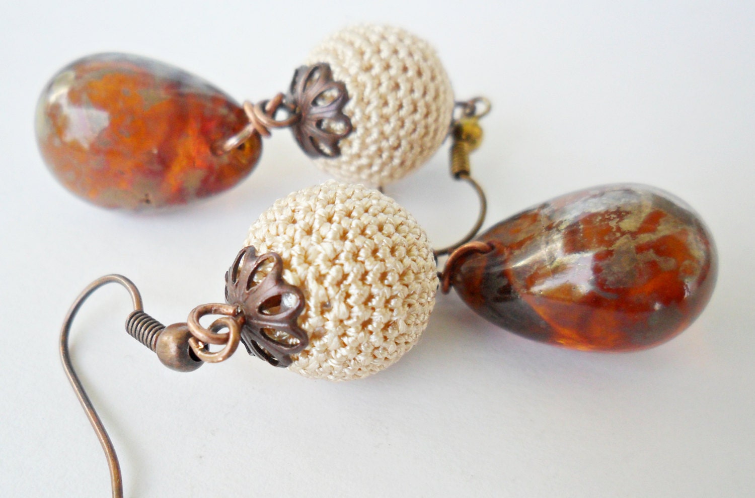 Free shipping -  Cream Colored Crocheted Bead Earrings