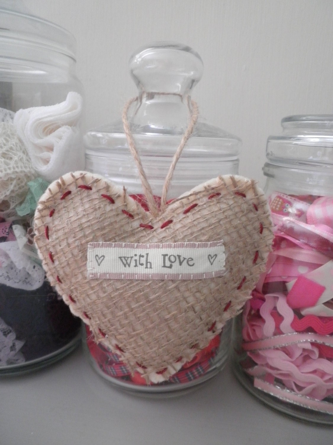 With Love - Handmade Felt & Hessian Hanging Heart - Twine Hanging