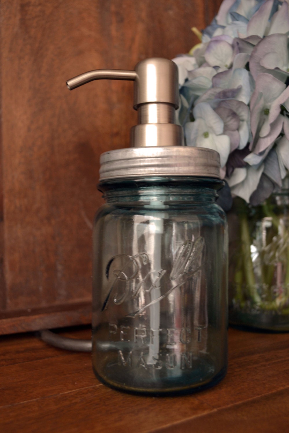 Vintage Blue Ball Mason Jar Soap Dispenser- Round Head Pump