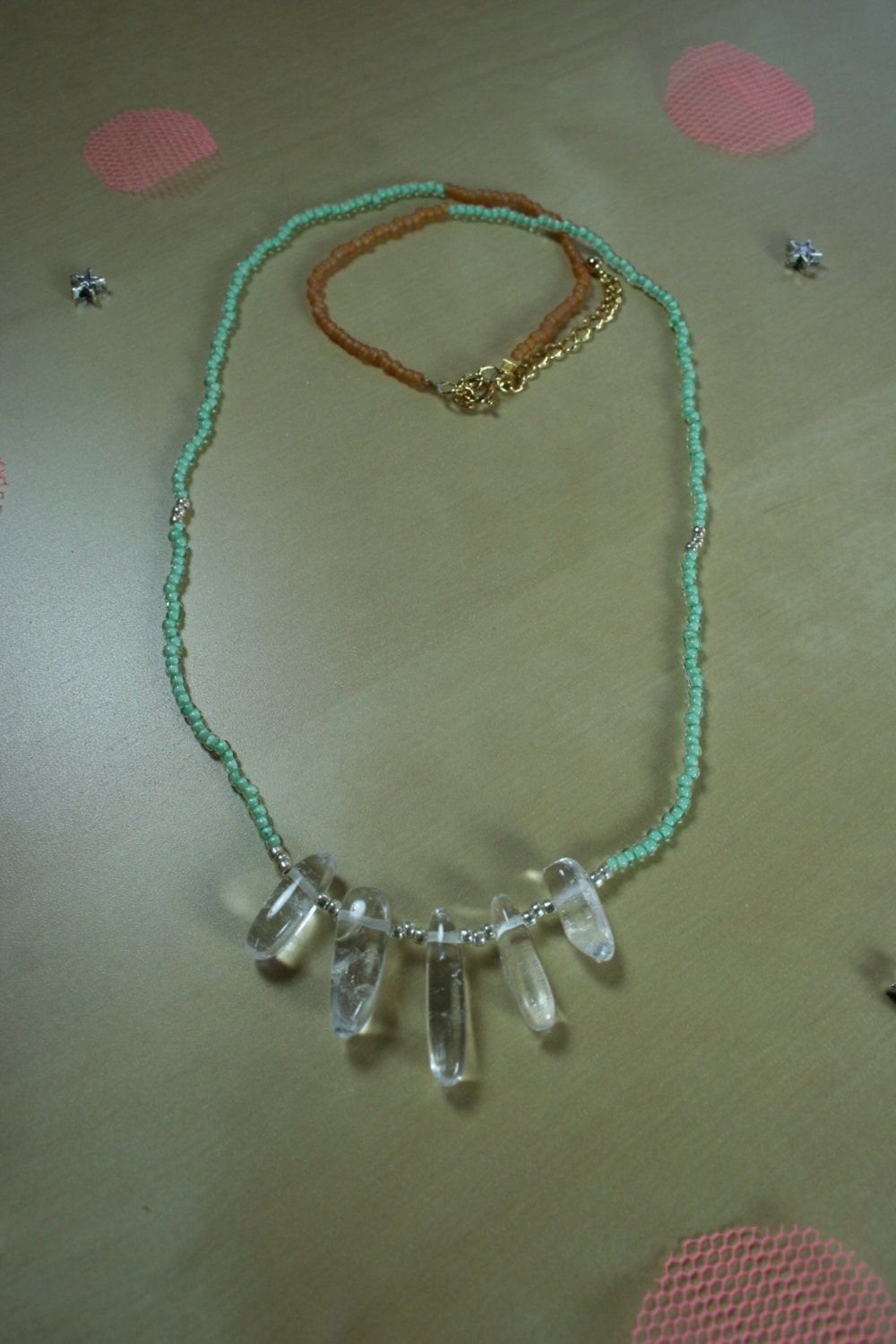 Crystal quartz necklace with mint green, gold, silver and opal gold seed beads