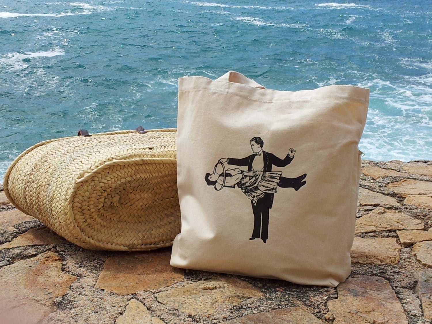 Shopper Grocery Diaper Beach Tote Bag 100% Cotton Natural Color with vintage magician trick print