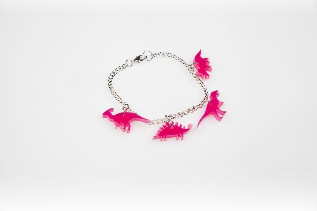 Dinosaur Bracelet, Acrylic Triceratops, Allosaurus and Parasauralophus Laser Cut Perspex Charm Bangle