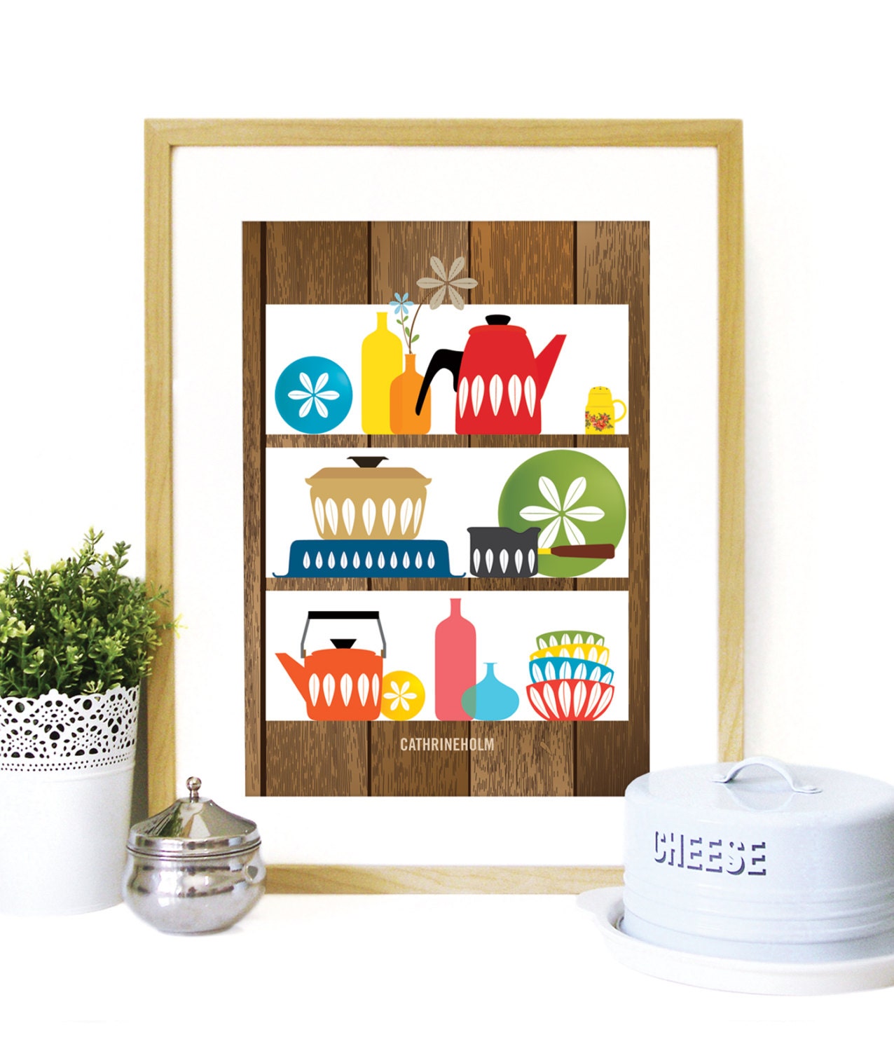 Cathrineholm Mid Century Modern shelves Cathrineholm enamelware Poster Art Kitchen wall art wood background - A3 size - mid century kitchen