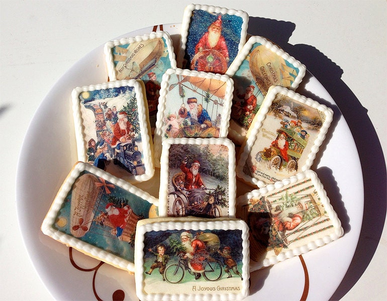 Victorian Santas on Vintage Vehicles Wafer Papers for Cookies - Edible Images