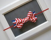 Summer Red White Stripe Chevron Fabric Handmade Bow on Skinny Elastic 4th of July Patriotic Red White Blue Any Size