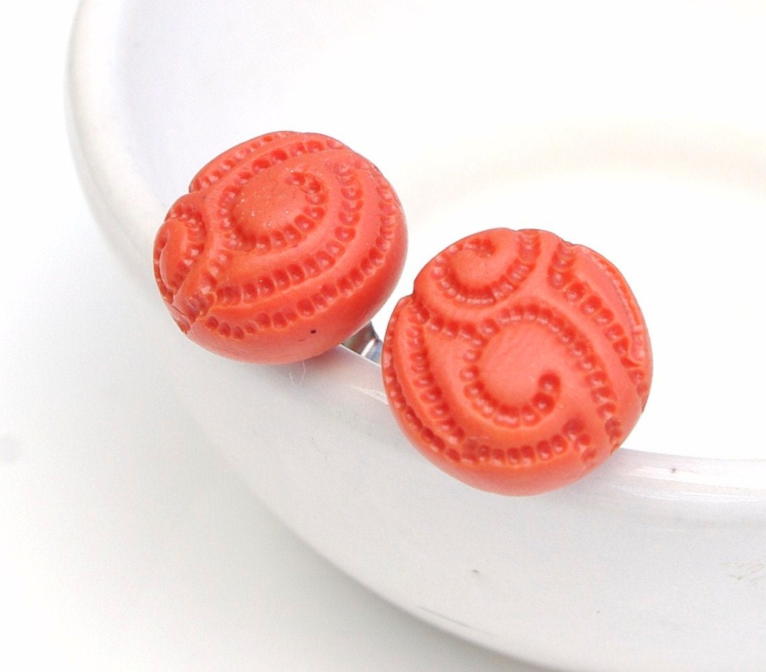 Large tangerine orange polymer clay 'Anita' studs - surgical steel posts - unique Emsawhatsy design