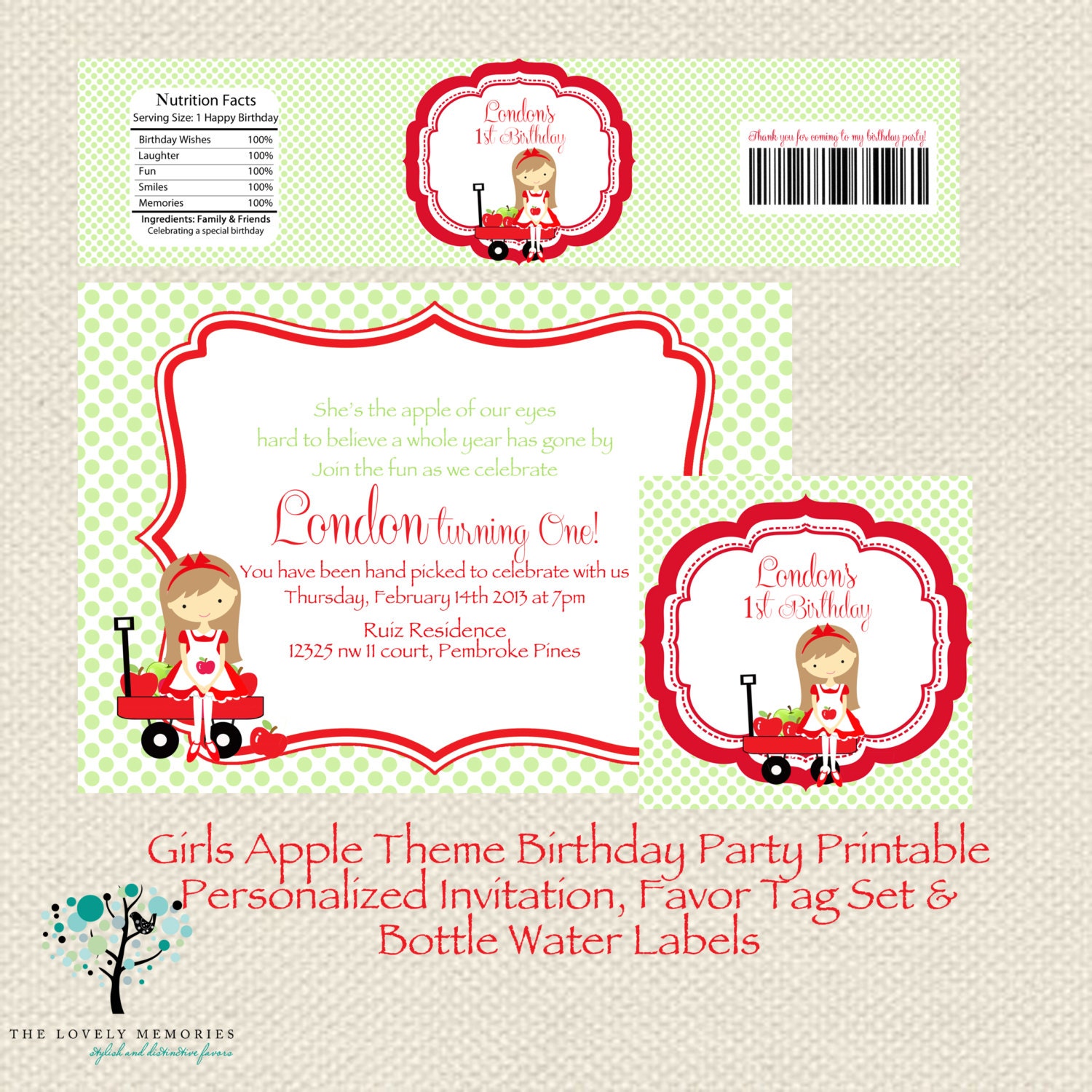 Girl Party -Apple of my Eye Birthday Invitation & Tags- Personalized Printable File Il_570xn