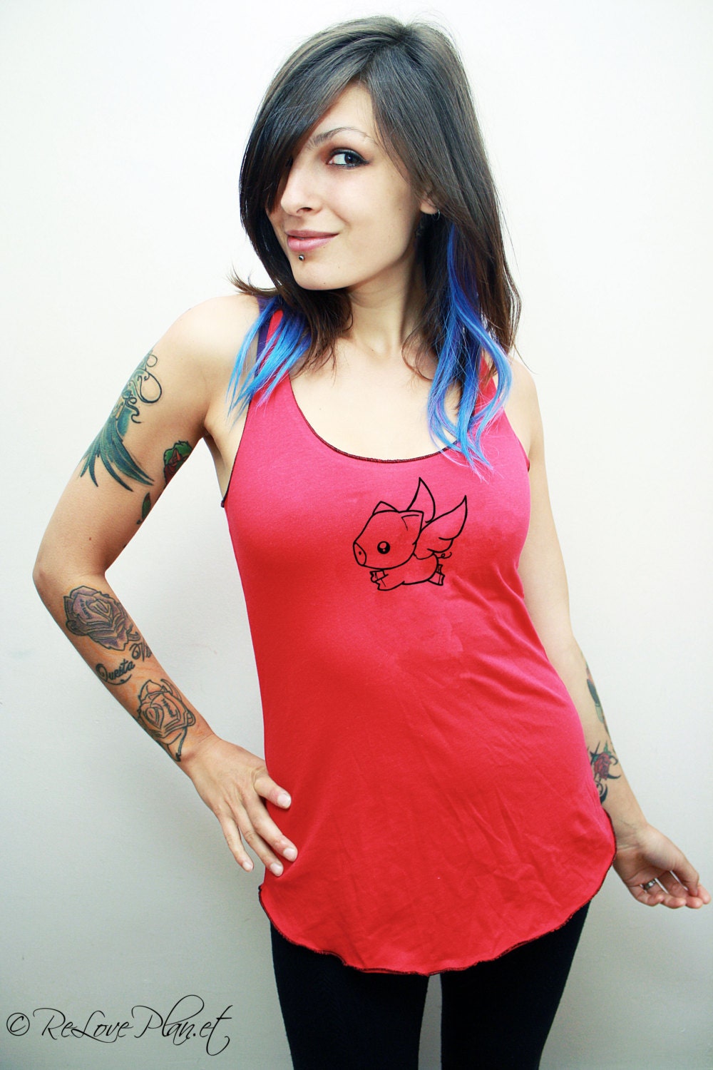 FLYING PIGGY RacerBack Tank - Kawaii Cute Pig with wings - Organic Eco Vegan Vegetarian Shirt - ReLove Plan.et - S-L