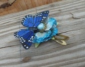 Fabric Flower Hair Clip - Handmade Hair Accessory - Blue Flower and Blue Butterfly