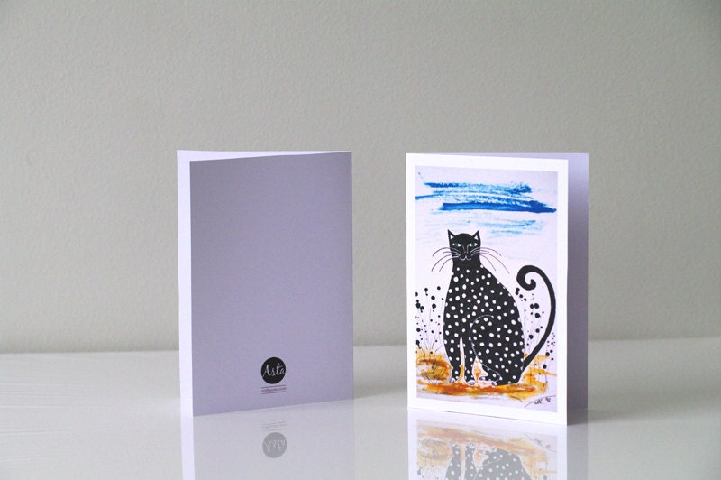 Cat greeting card / Black and white spotty kitty / Summer / Cat art illustration