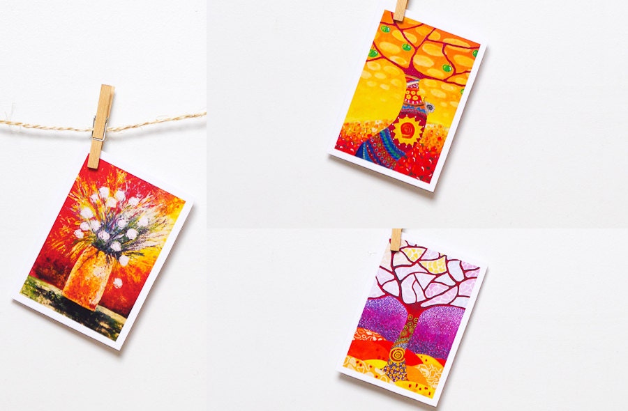GREETING CARD display nature flower floral painting sunny bright art / Greeting cad set of 3 white roses tree painting Summer Thank you card