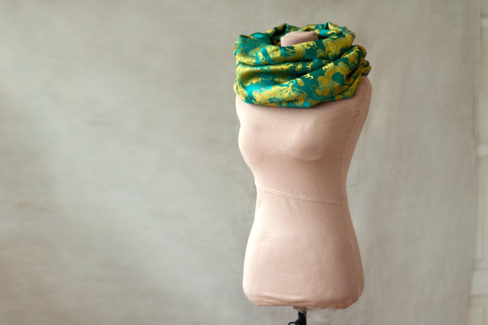 teal infinity scarf, Chinese silk, loop, endless scarf, emerald green and gold, vintage silk from China, dragons, Chinoiserie - MulberryWhisper teal infinity scarf, Chinese silk, loop, endless scarf, emerald green and gold, vintage silk from China, dragons, Chinoiserie - MulberryWhisper
