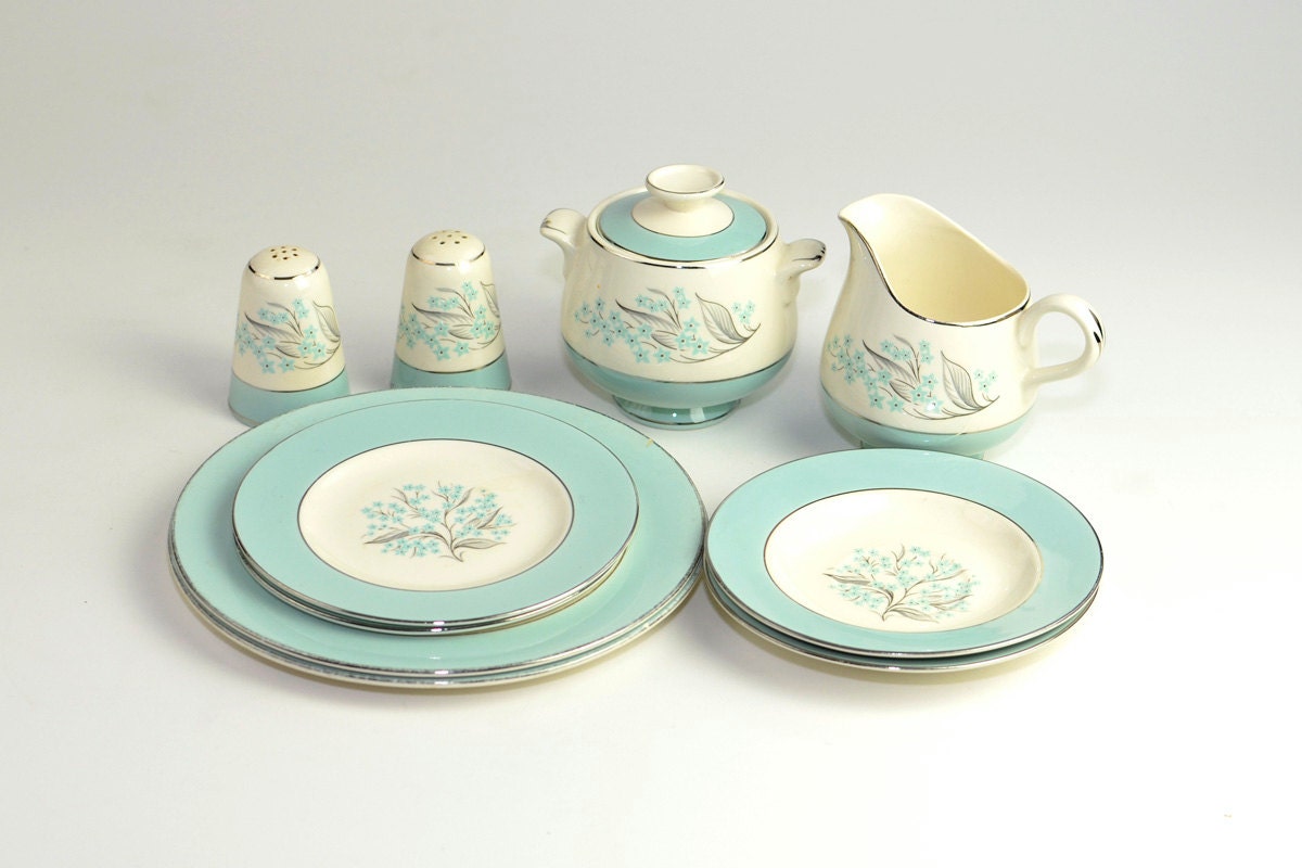 Sevron Blue Lace Dinnerware Set - Plates, Salt & Pepper Shakers, Cream Pitcher, Sugar Bowl - 1950's Vintage Kitchen Serving