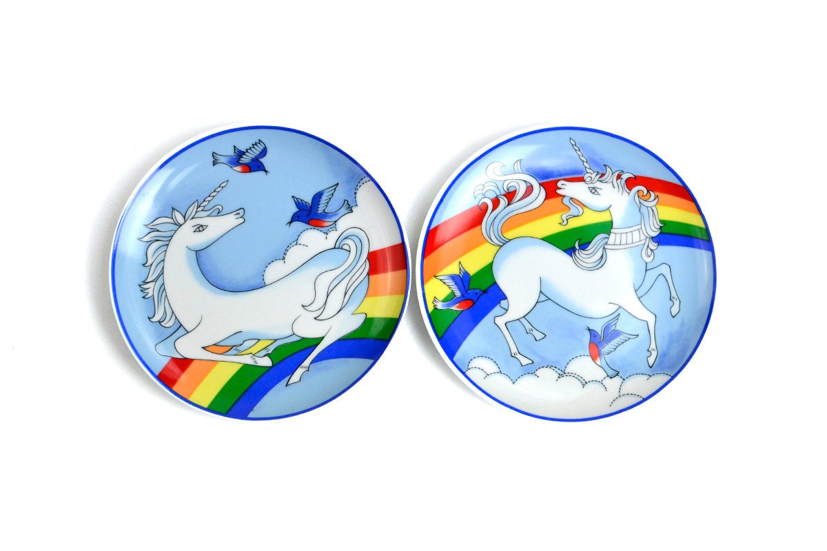 Unicorn Rainbow Wall Hanging Art Plates - Colorful Fantasy Scenes on Porcelain, Perfect for Child's Bedroom Decor - Vintage Home or Gift