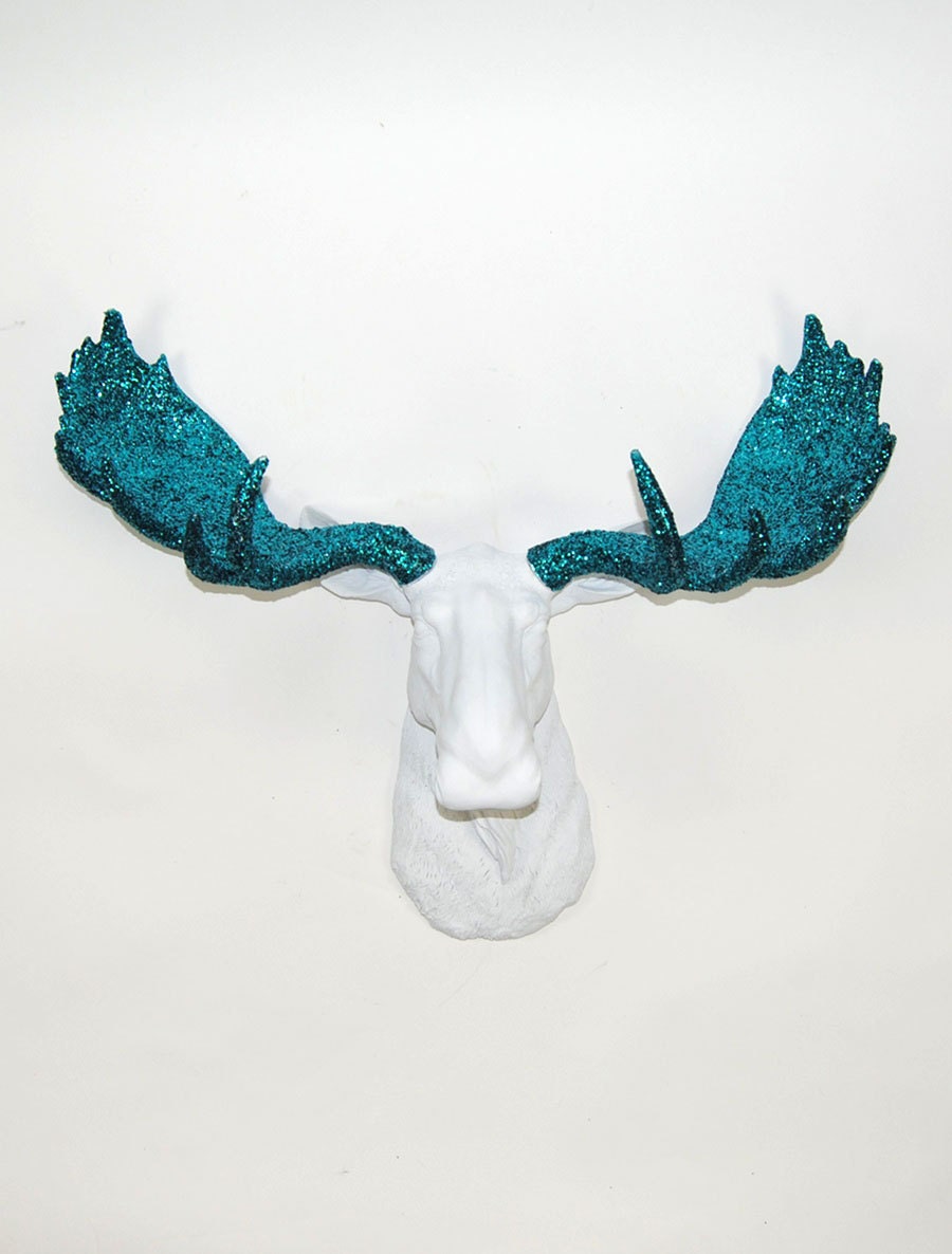 White Moose Head - The Claire - White w/ Turquoise Glitter Antlers Resin Moose Head- Moose Resin Tan Faux Taxidermy- Chic & Trendy
