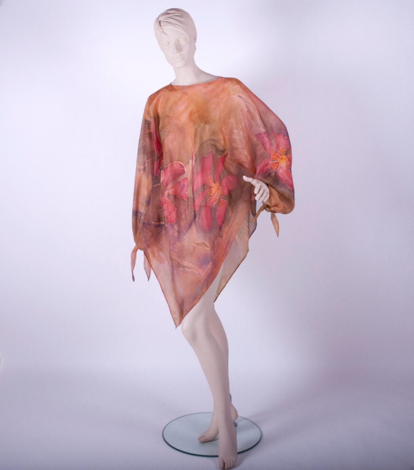 Pinkish salmon silk dress hand painted batik.  Blouse, summer dress, tunic dress. Woman tunic plus size clothing, Womens XL
