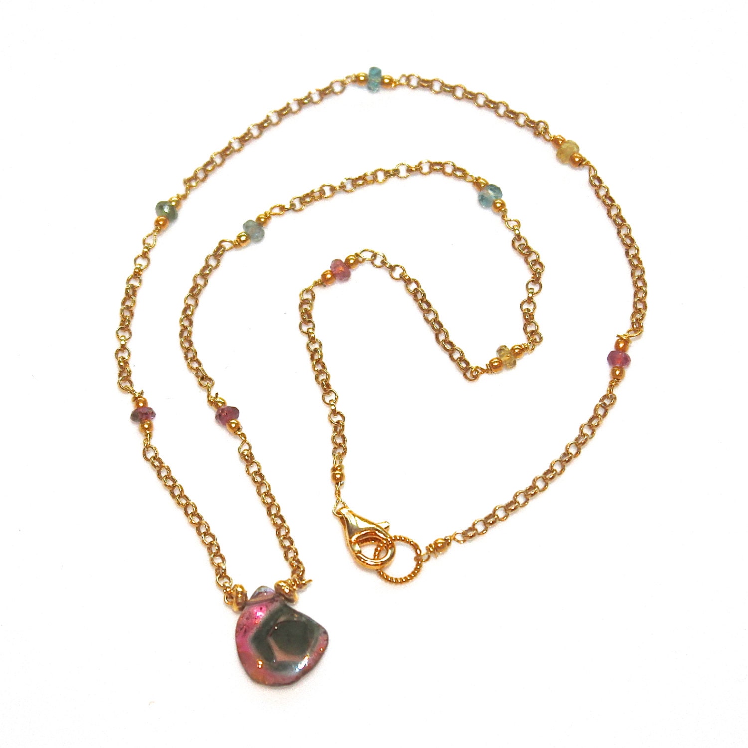 Watermelon Tourmaline Slice Necklace Gold Vermeil Bali 17 1/2" Necklace