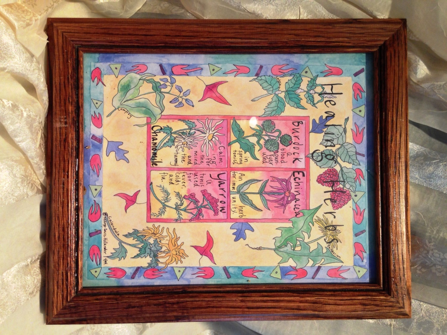 Vintage OOAK Painting of Healing Herbs Cheerful Framed Wildflowers Wall Decor Excellent Condition Signed by Artist
