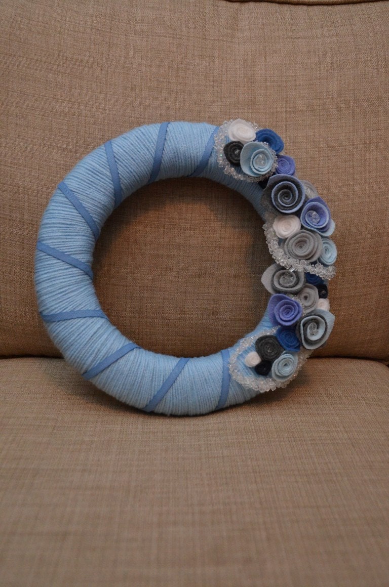 Yarn Wreath - BLUE WINTER - 12 inch Blue Yarn Covered Straw Wreath with Handcrafted Felt Flowers
