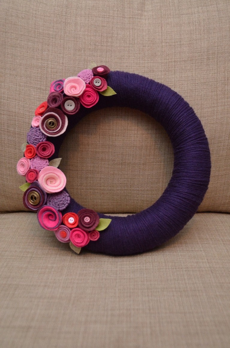Yarn Wreath - VALENTINE'S DAY  - 12 inch Purple Yarn Covered Straw Wreath with felt Flowers and Button Accents