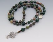 Five Decade Catholic Rosary, Celtic Cross, Jasper Gemstone, Gift Box Included