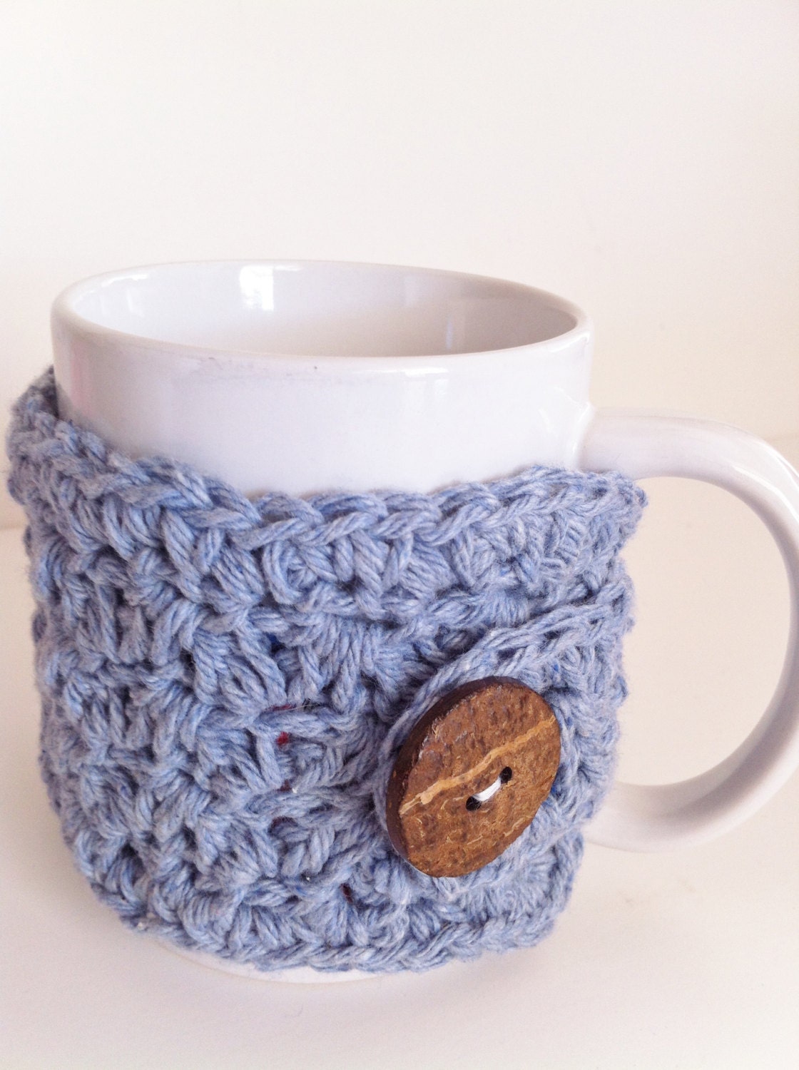 Crochet Coffee Cup Cozy Blue Denim Wood Button Ready To Ship